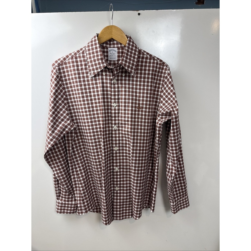 Brooks Brothers Regent Shirt Mens M Brown White Plaid Long Sleeve Button-Down